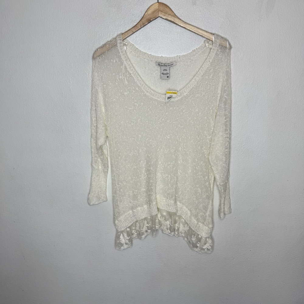 American Rag Sydney Sweater 3/4 Sleeve White Lace Trim‎ Western Women's Medium